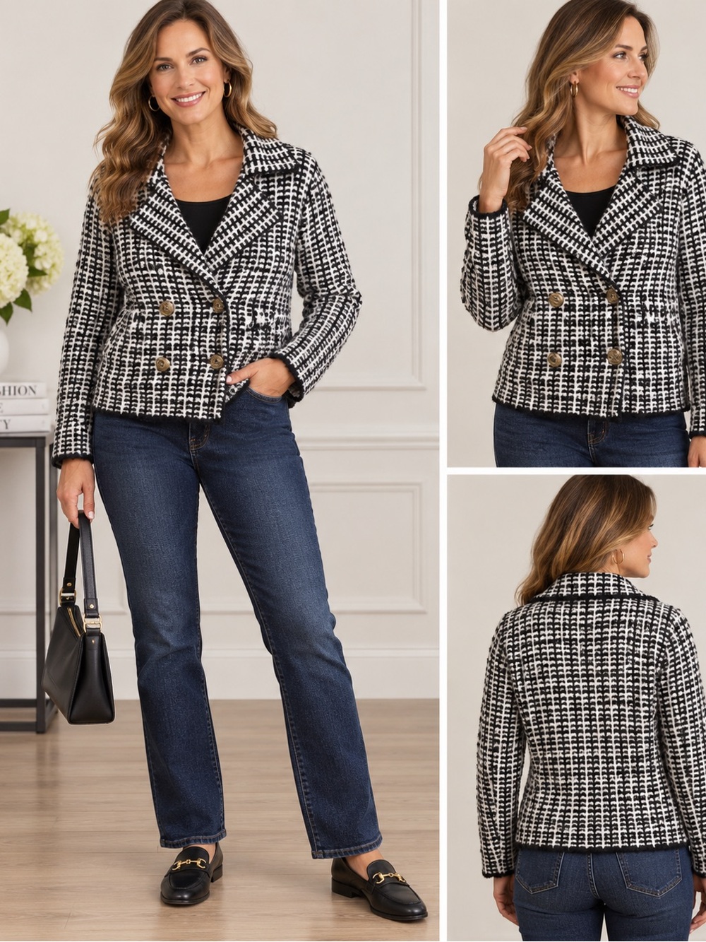 Rachel Zoe XS Black White Textured Knit Double Breasted Sweater Jacket Cardigan
